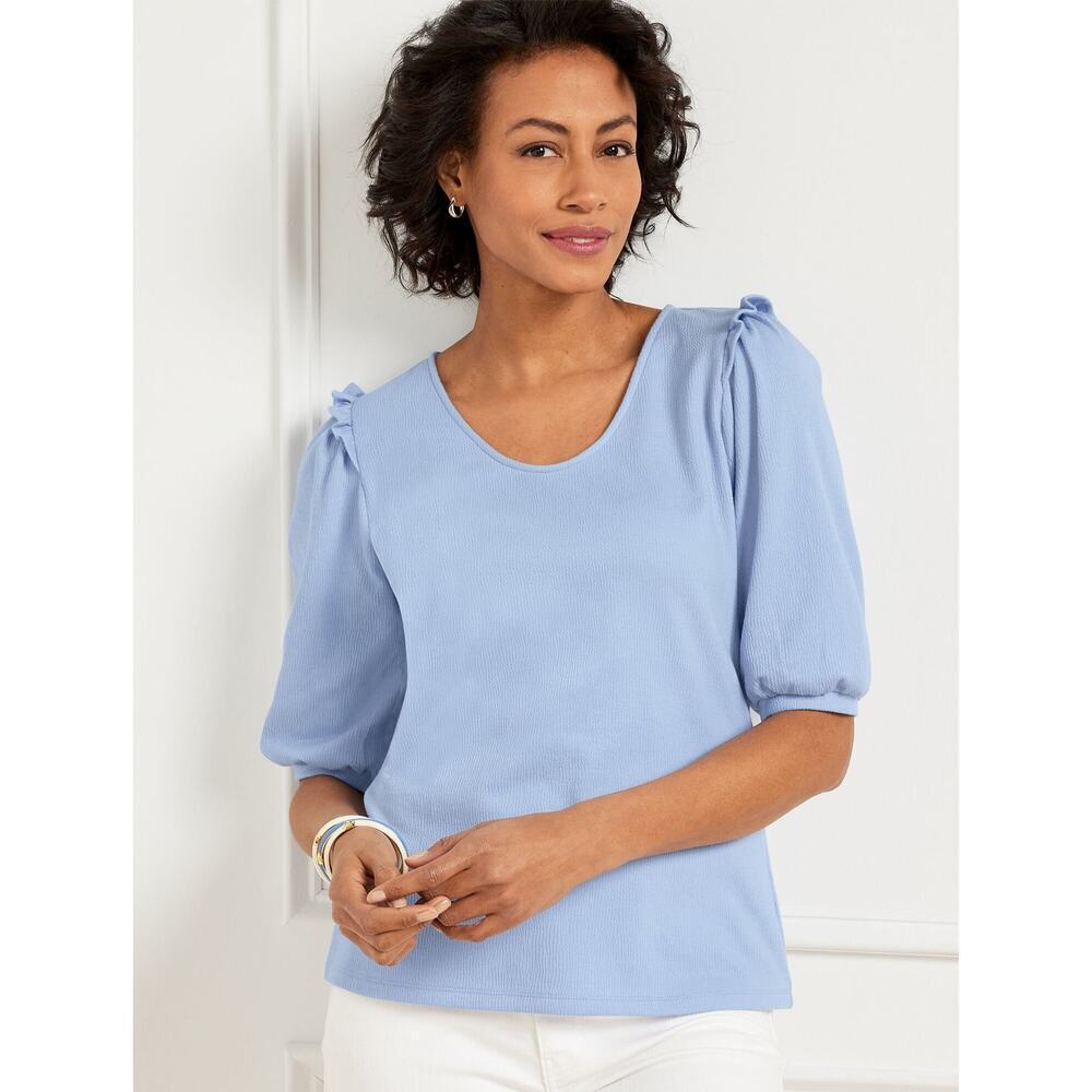 Talbots Top 0X X Blue Ruffle Shoulder Voop Neck Elbow Sleeve Tee Cotton Blend